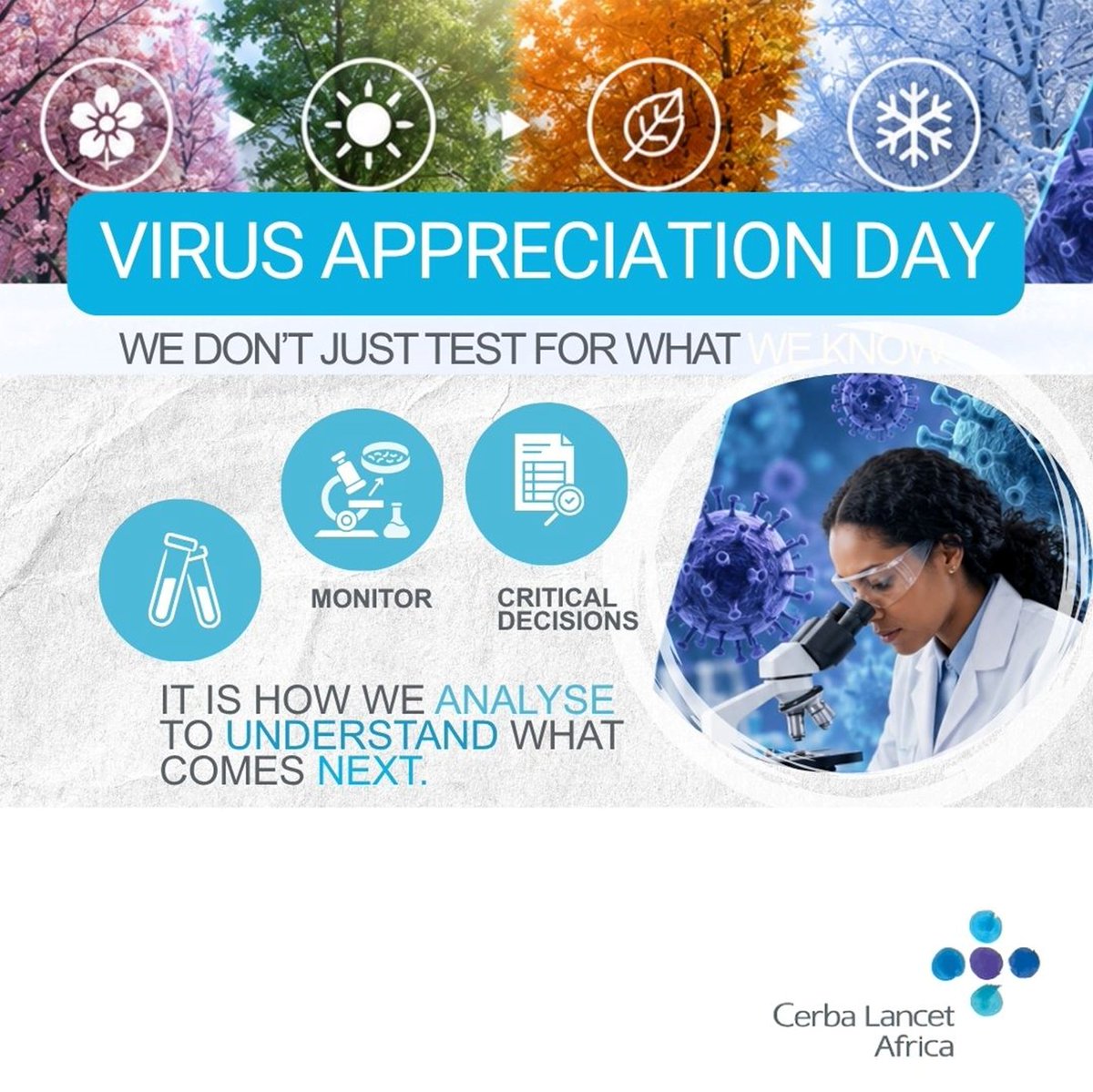 CLRwanda's tweet photo. 🦠 Virus Appreciation Day 💙 We don’t just test: we analyse, understand and help you make informed health decisions. #VirusAppreciationDay #KnowYourStatus #HealthForAll #CerbaLancet #Wellbeing https://t.co/9revBvyJeC