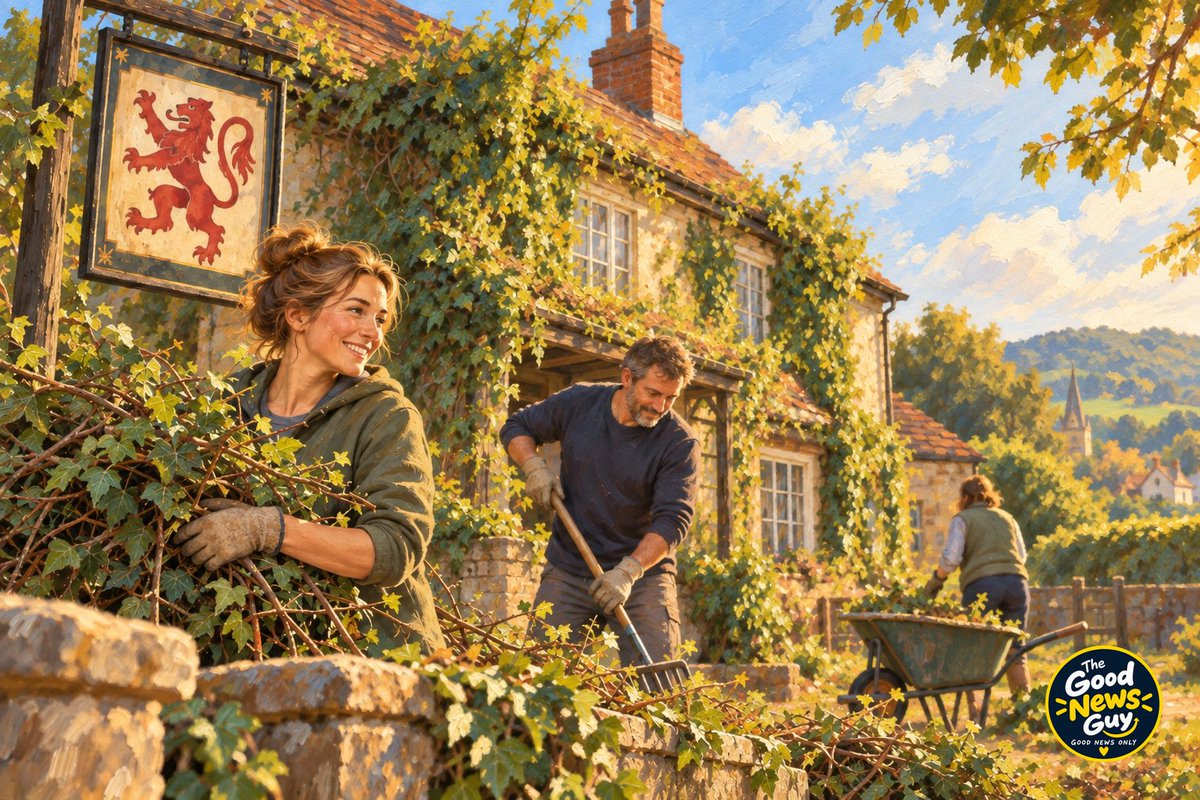 TGNGuy's tweet photo. A village pub closed. Its neighbours raised £450,000 to help buy it back. 🍻

Upper Basildon residents are clearing the grounds, with reopening hoped for next spring.

We’ll raise a glass to that.

#GoodNews #CommunitySpirit
https://t.co/E8pax6KBnm https://t.co/KCCcJLjA4v