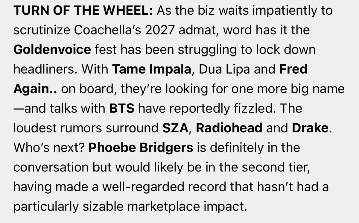 concertleaks's tweet photo. Hits Daily Double has reported that negotiations for BTS to headline Coachella have fallen through, with the festival now rumored to be eyeing SZA, Radiohead, and Drake to fill the last headlining slot.
https://t.co/nfx6c9zPbO https://t.co/ZCQsS5ryZW