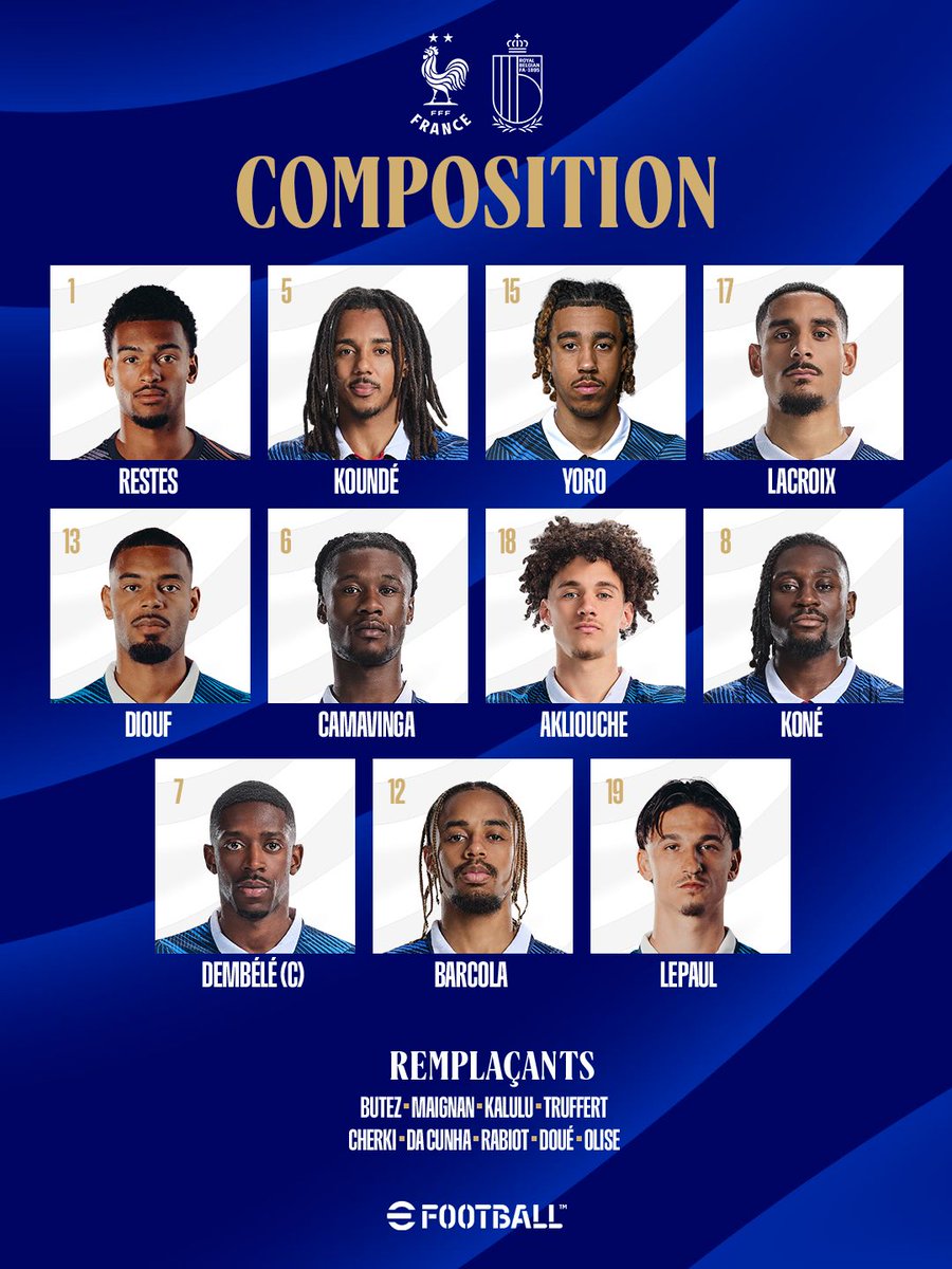 equipedefrance's tweet photo. Notre 𝟏𝟏 𝐝𝐞 𝐝𝐞́𝐩𝐚𝐫𝐭 face à la Belgique ⚔️
Guillaume Restes et Leny Yoro vont honorer leur 1ère sélection en Bleu 🇫🇷🙌
⌚️ 20h45 sur TF1 📺
#FRABEL https://t.co/wUfnnkqa7m