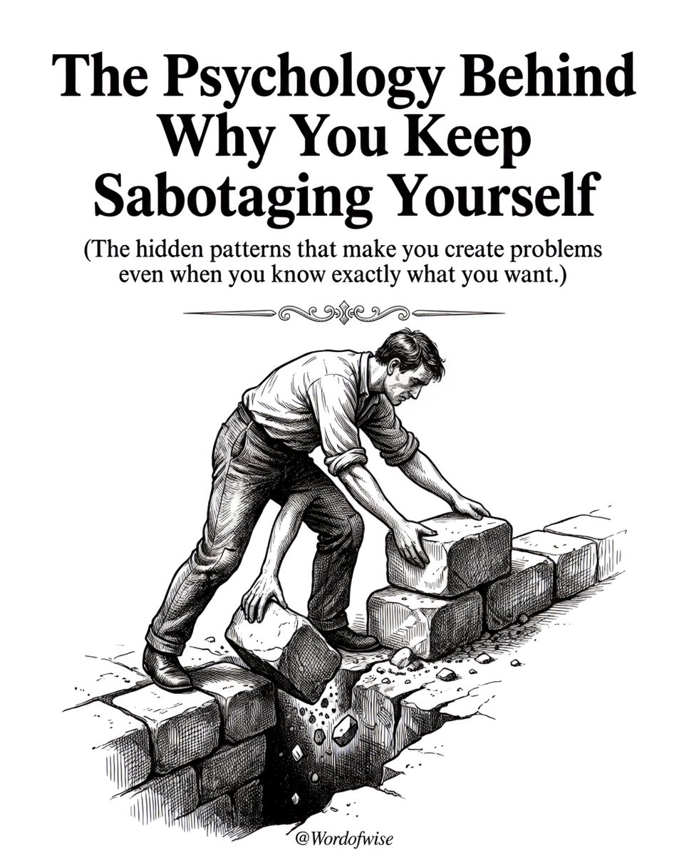 Wordofwise_'s tweet photo. The Psychology Behind Why You Keep Sabotaging Yourself

(The hidden patterns that make you create problems even when you know exactly what you want.)

1. You Get Comfortable With What You Know https://t.co/FA7VWbHDJU