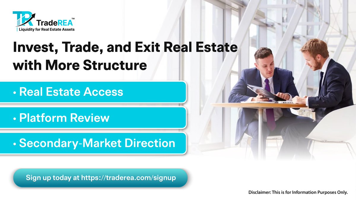 traderea_'s tweet photo. Real estate access should come with clear information, structured review, and a better way to understand potential secondary-market pathways.

TradeREA is building a platform experience where users can review real estate access, platform details, and secondary-market direction in a more organized way before moving forward.

The goal is simple: make digital real estate easier to understand, review, and follow with more structure.

Sign up today at: https://t.co/SNUsn5cldw