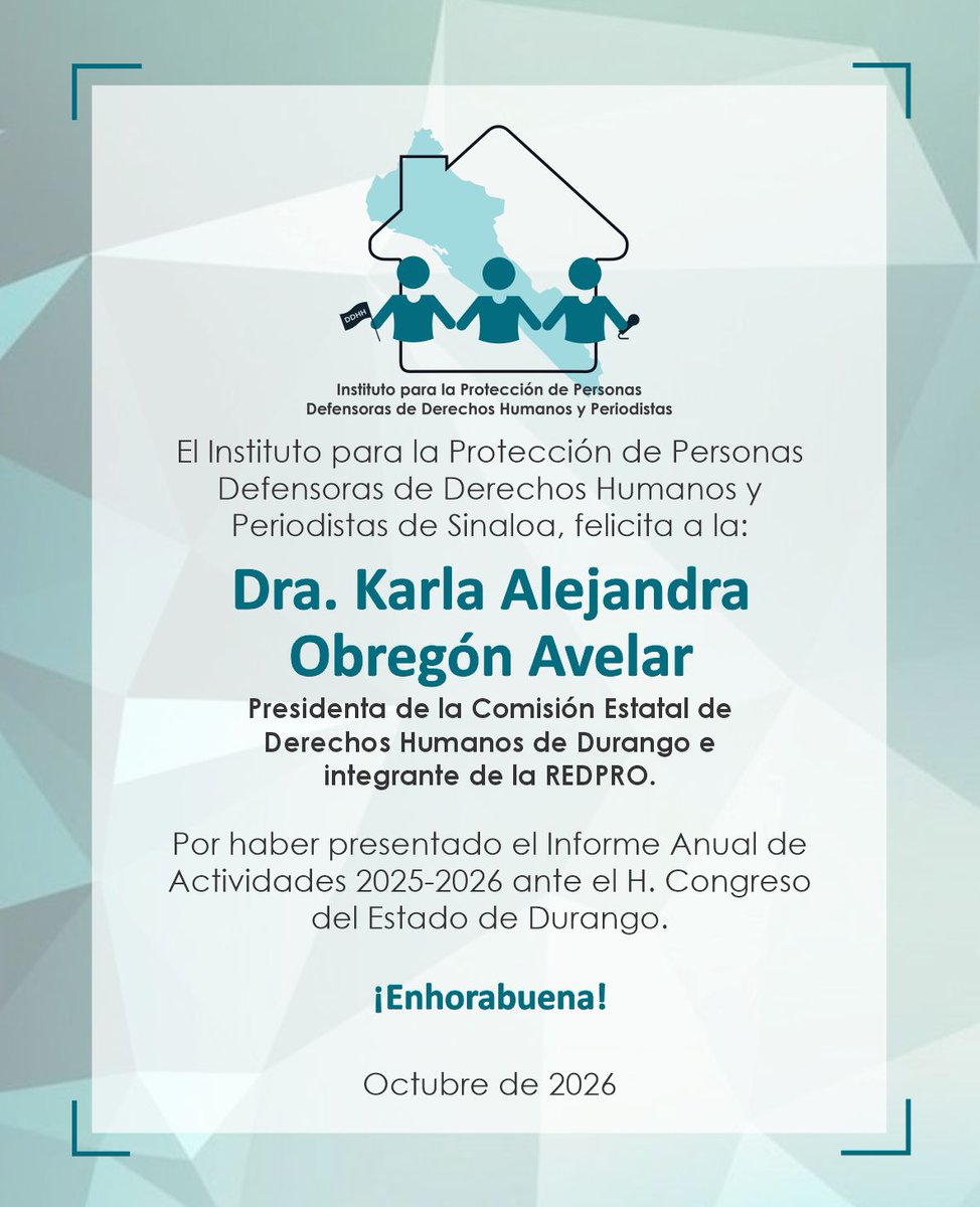 InstitutodePro's tweet photo. La Directora General de este #InstitutoDeProtecciónSinaloa y Presidente de la REDPRO, felicita a la Dra. Karla Alejandra Obregón Avelar, titular de la @CedhDurango e integrante de la REDPRO.

¡Muchas felicidades! 👏 https://t.co/EXs50xfwcD