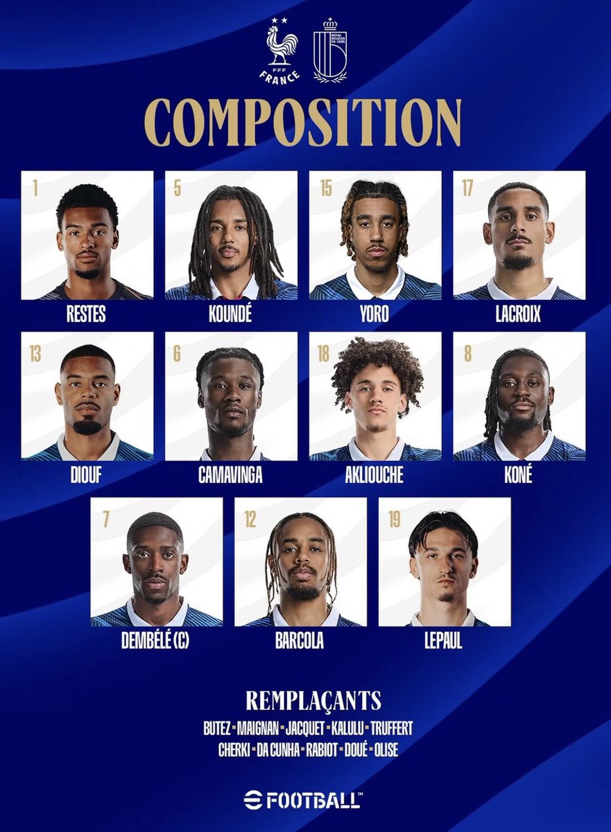 Utdtruthful's tweet photo. 🚨 𝐂𝐎𝐍𝐅𝐈𝐑𝐌𝐄𝐃! Leny Yoro STARTS for France against Belgium. Senne Lammens and Youri Tielemans have been RESTED. ❤️ https://t.co/yhVzqezD2K