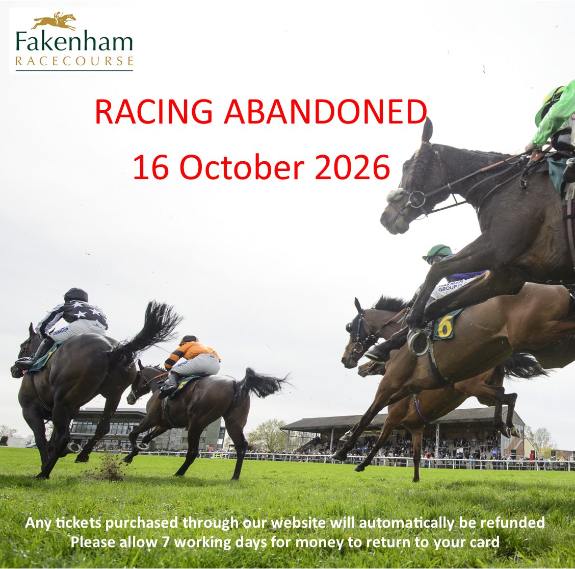 FakenhamRC's tweet photo. We are hugely disappointed that due to the ground not recovering sufficiently after the summer drought, our Raceday on Friday 16 October has been ABANDONED. All bookings online will receive an automatic full refund. More details can be found on our website. https://t.co/TCEXIkM9CU
