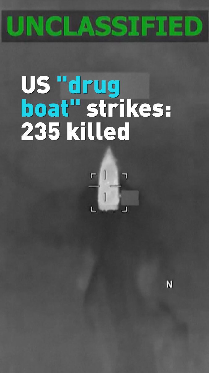 An unclassified military drone footage image with text 'US "drug boat" strikes: 235 killed' showing a targeted boat being struck in thermal imaging.