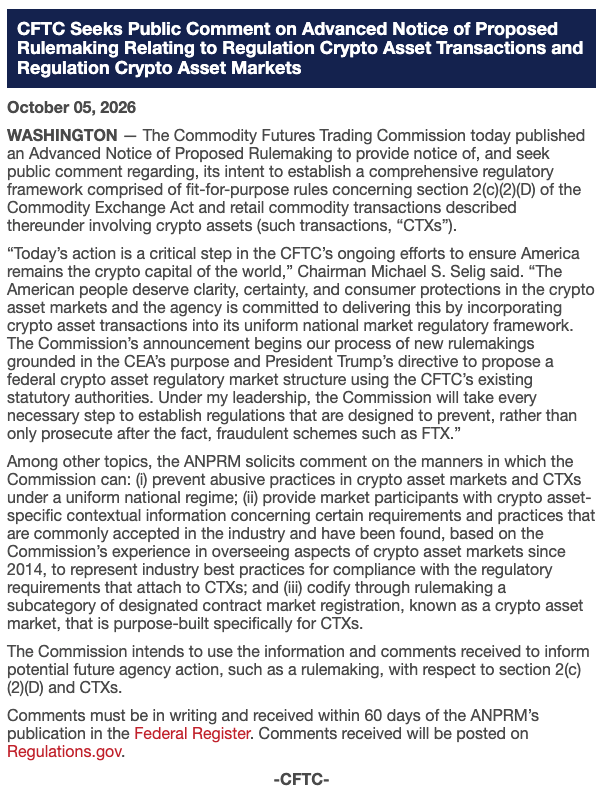 DefiantNews's tweet photo. The @CFTC just put a regulatory definition on self-custody.

Monday's rulemaking covers CTXs — retail crypto trades on margin, leverage or financing. By statute those have to happen on a registered exchange, with one exception: if the trade results in "actual delivery" of the asset within 28 days, it falls outside the agency's jurisdiction.

Nobody had defined what delivery means for a token. The CFTC just took a position.

Chairman @MichaelSelig:

"We propose to codify an interpretation of 'actual delivery' to clarify that delivery of a crypto asset to a user's external, non-custodial digital wallet within 28 days generally satisfies this exception."

The Commission writes that control of a crypto asset "may require possession of the credentials (e.g., private key(s)) to the digital wallet address."

And for tokens with governance or staking rights, delivery may require the capacity to govern "directly and on a disintermediated basis," and to stake "without being subject to fees charged by an intermediary."

The flip side matters as much. A fully paid, open position that sits only on an exchange's internal book-entry stays subject to the Commodity Exchange Act and the framework that governs futures contracts.

Self-custody is the thing that ends CFTC jurisdiction. An IOU on an exchange ledger does not.

This is an advance notice, not a final rule. Comments run 60 days from Federal Register publication.

Read more here:
https://t.co/mMnFvkfIRq