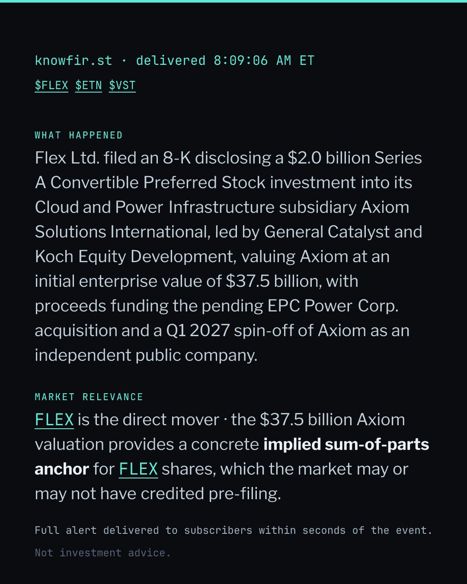 x_knowfirst's tweet photo. Flex Ltd. filed an 8-K disclosing a $2.0 billion Series A Convertible Preferred Stock investment into its Cloud and Power Infrastructure subsidiary Axiom Solutions International, led by General…

$FLEX $ETN $VST named in the read, sent 8:09:06 AM ET. One of 40 alerts today. https://t.co/Z4lJoVy9qX