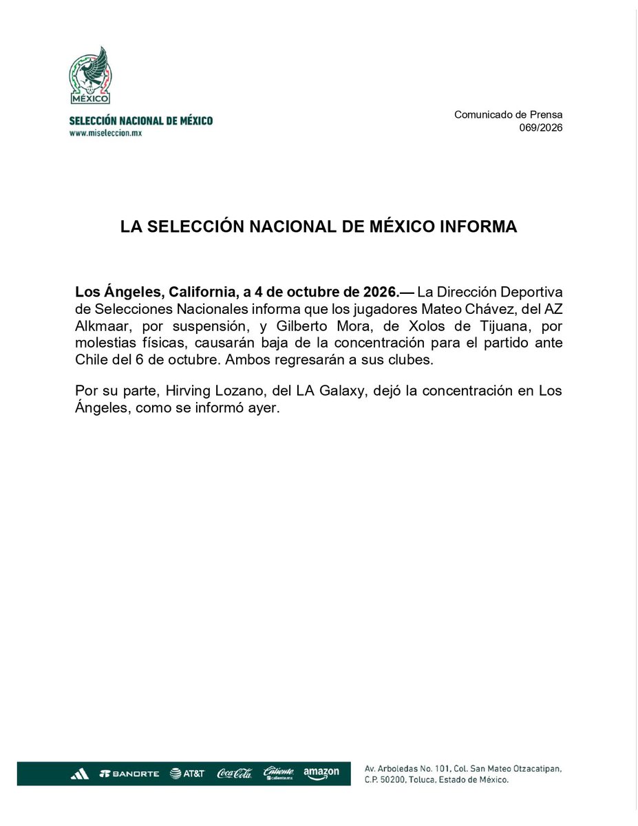 FABIANESTAY10's tweet photo. México sin Mateo Chávez, Gilberto Mora e Hirving Lozano, para enfrentar a Chile. https://t.co/F9zWSiO6j8