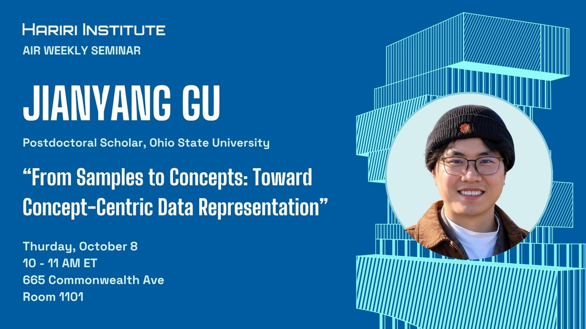 BU_Computing's tweet photo. This Thursday, Jianyang Gu, a postdoctoral scholar at The Ohio State University and visiting postdoc at MIT, will visit Boston University for an AI Research Seminar. Gu will discuss how moving from samples to concepts can offer a more expressive interface between data and models, and how concept-centric representations can support more interpretable scientific learning.

📆 10-11am in Room 1101 https://t.co/7JivfLrnf6