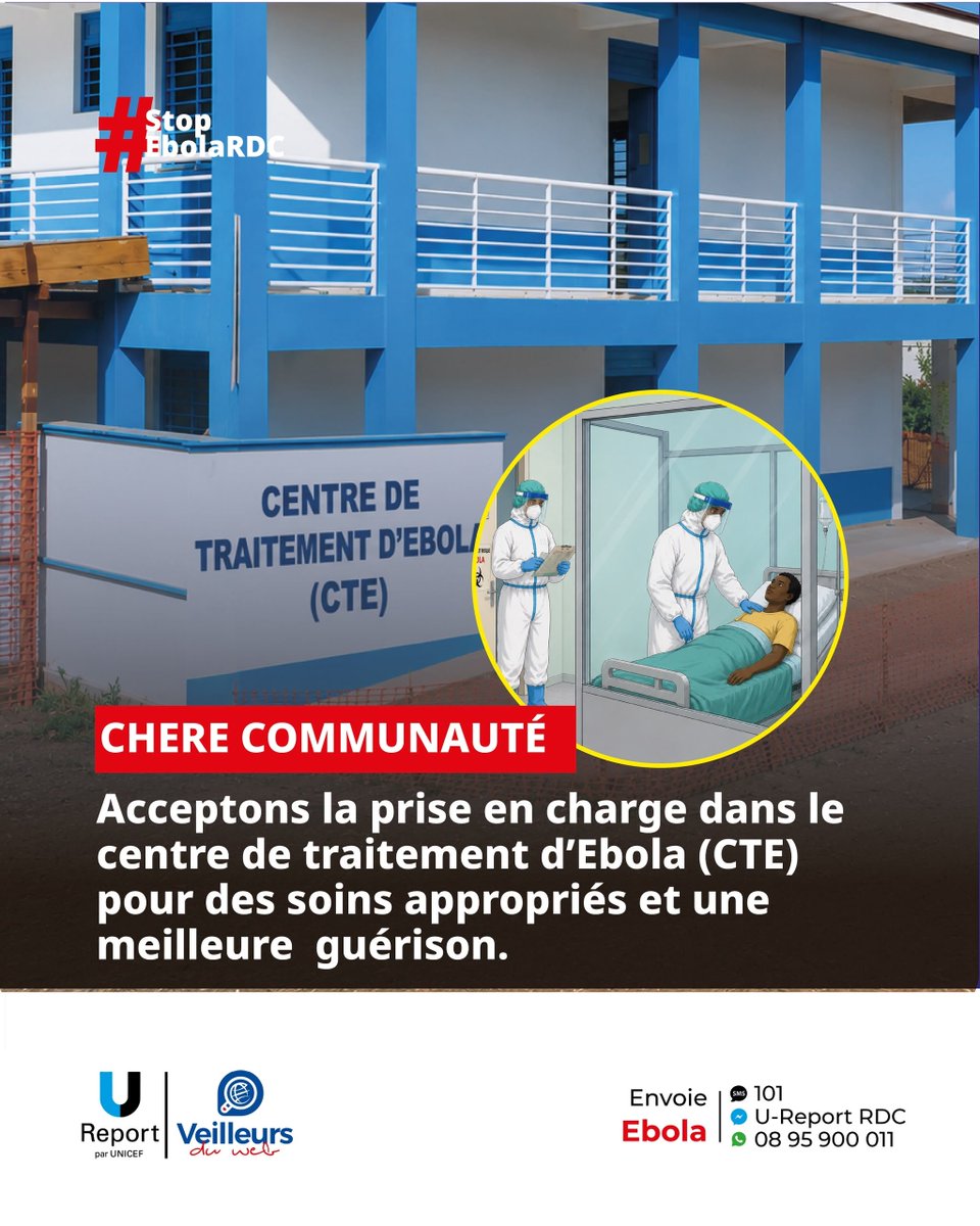 elielenge79's tweet photo. 🚨 PEUR DU CTE ? Et si c’était justement votre chance de guérir ?

Le Centre de Traitement d’Ebola (CTE) n’est pas une punition. Accepter la prise en charge, c’est choisir de se donner une chance de s’en sortir.

Envoie « EBOLA » par SMS au 101.
C’est gratuit !

#StopEbolaRDC https://t.co/i41EEt5jR8
