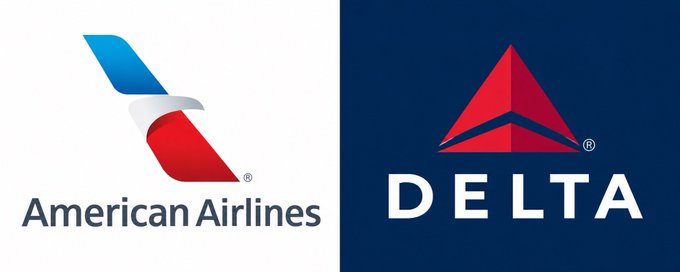 The logos of American Airlines and Delta are displayed side by side on split white and dark blue backgrounds.