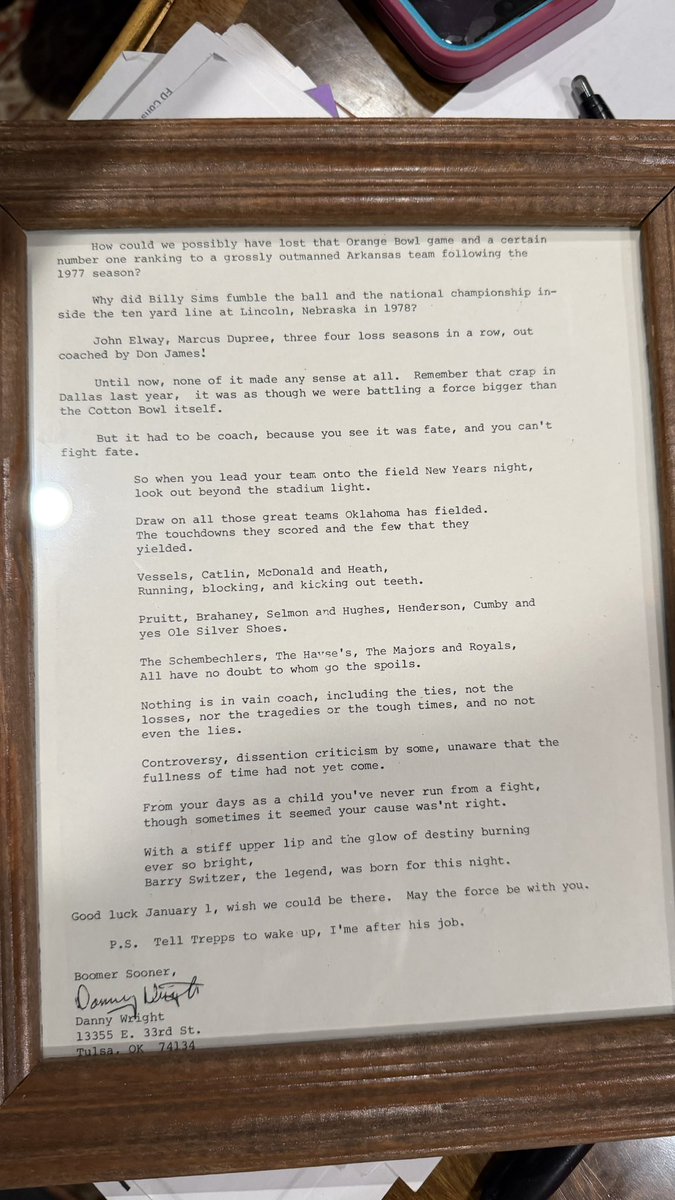 TouchdownOkla's tweet photo. In December 1985, my dad wrote Barry Switzer about Oklahoma’s upcoming national championship game against Penn State. Weeks later, after OU won the title, Barry quoted my dad’s statistics in the Orange Bowl locker room.

That letter began a friendship that has now lasted 40 years.

I was 13 when Dad came excitedly into my room one evening.

“You have to come look at this!”

On the living room coffee table were two or three OU media guides and notebook paper covered in his handwriting.

This was years before Wikipedia and Sports Reference. Dad was doing the research by hand.

He wanted to compare Barry Switzer’s record through his first 153 games with Bud Wilkinson’s record through the same number. What he discovered excited him so much that he knew Coach Switzer had to hear about it.

Today, he could post the statistics on X and tag @BarrySwitzer and @OU_Football 

In 1985, you wrote a letter.

So Dad took his research to the office, typed it up and mailed it to the University of Oklahoma, care of Coach Barry Switzer.

The original letter is included here for you to read. Dad, always the creative force, presented it in a way only he could: a two-page, 614-word letter filled with statistics, historical parallels and even a Sooner-themed poem.

He REALLY wanted Barry’s attention.

He mailed it 21 days before the Orange Bowl, when Oklahoma would play for its sixth national championship.

Then we waited.

Three weeks passed. We had no idea whether Coach Switzer, or anyone at OU, had seen it.

Oklahoma beat Penn State, 25-10, and won the national championship.

The next day, we were watching the Oklahoma Playback show when it cut to the celebration inside the Orange Bowl locker room.

Coach Switzer quieted the room and began reciting Bud Wilkinson’s record through 154 games, comparing it with his own.

We couldn’t believe it.

“WE DID IT!”

The letter had reached the King himself.

That was victory enough for Dad. We celebrated again, as if Oklahoma had just won a second national championship.

Three months later, Dad came barreling into my room again. Think of the father in “A Christmas Story” learning he had won a major award. That is the only comparison I can make.

Barry had written back.

Dad read the letter aloud, beaming. He now had Barry’s autograph, which, for you kids, used to mean more than a selfie. The envelope also contained letters from Barry’s uncle Billy and OU Sports Information Director Mike Treps.

Dad was 34 years old, and he was overjoyed.

But the story wasn’t finished.

Seven months later, through his business, Dad attended an event and was seated at Barry Switzer’s table. That was their first meeting.

That night, I received a telephone call.

It wasn’t from my dad.

It was Barry Switzer.

The date was October 5, 1986, Barry’s 49th birthday and one day after my 14th. Barry told me it was his birthday, then wished me a happy birthday.

A few years later, Dad moved to Norman. His business led to a partnership with Heisman Trophy winner Steve Owens, and that first letter grew into a friendship with Barry that continues today.

But my dad is not the same man he was then.

In 2020, he was diagnosed with Primary Progressive Aphasia, an aggressive form of dementia that attacks language and speech.

Today, my 75-year-old dad is completely nonverbal. He is battling several other serious health problems, bravely fighting for his life and still cheering for his Sooners.

He has attended every OU-Texas game since 1990.

This week, he’ll have to watch from his bed in Norman.

I’ll be there, Dad.

And I’ll do my best to bring you home one more Red River victory.

Happy birthday, Coach Switzer.

Thank you for reading a letter from my dad 40 years ago.