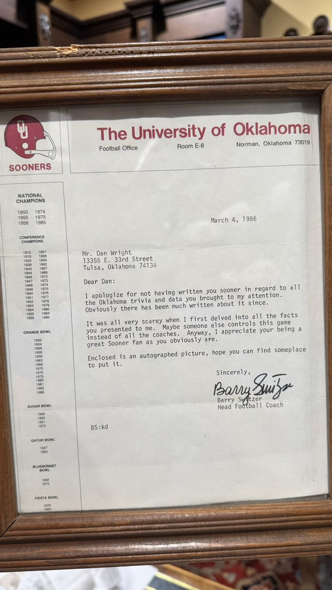 TouchdownOkla's tweet photo. In December 1985, my dad wrote Barry Switzer about Oklahoma’s upcoming national championship game against Penn State. Weeks later, after OU won the title, Barry quoted my dad’s statistics in the Orange Bowl locker room.

That letter began a friendship that has now lasted 40 years.

I was 13 when Dad came excitedly into my room one evening.

“You have to come look at this!”

On the living room coffee table were two or three OU media guides and notebook paper covered in his handwriting.

This was years before Wikipedia and Sports Reference. Dad was doing the research by hand.

He wanted to compare Barry Switzer’s record through his first 153 games with Bud Wilkinson’s record through the same number. What he discovered excited him so much that he knew Coach Switzer had to hear about it.

Today, he could post the statistics on X and tag @BarrySwitzer and @OU_Football 

In 1985, you wrote a letter.

So Dad took his research to the office, typed it up and mailed it to the University of Oklahoma, care of Coach Barry Switzer.

The original letter is included here for you to read. Dad, always the creative force, presented it in a way only he could: a two-page, 614-word letter filled with statistics, historical parallels and even a Sooner-themed poem.

He REALLY wanted Barry’s attention.

He mailed it 21 days before the Orange Bowl, when Oklahoma would play for its sixth national championship.

Then we waited.

Three weeks passed. We had no idea whether Coach Switzer, or anyone at OU, had seen it.

Oklahoma beat Penn State, 25-10, and won the national championship.

The next day, we were watching the Oklahoma Playback show when it cut to the celebration inside the Orange Bowl locker room.

Coach Switzer quieted the room and began reciting Bud Wilkinson’s record through 154 games, comparing it with his own.

We couldn’t believe it.

“WE DID IT!”

The letter had reached the King himself.

That was victory enough for Dad. We celebrated again, as if Oklahoma had just won a second national championship.

Three months later, Dad came barreling into my room again. Think of the father in “A Christmas Story” learning he had won a major award. That is the only comparison I can make.

Barry had written back.

Dad read the letter aloud, beaming. He now had Barry’s autograph, which, for you kids, used to mean more than a selfie. The envelope also contained letters from Barry’s uncle Billy and OU Sports Information Director Mike Treps.

Dad was 34 years old, and he was overjoyed.

But the story wasn’t finished.

Seven months later, through his business, Dad attended an event and was seated at Barry Switzer’s table. That was their first meeting.

That night, I received a telephone call.

It wasn’t from my dad.

It was Barry Switzer.

The date was October 5, 1986, Barry’s 49th birthday and one day after my 14th. Barry told me it was his birthday, then wished me a happy birthday.

A few years later, Dad moved to Norman. His business led to a partnership with Heisman Trophy winner Steve Owens, and that first letter grew into a friendship with Barry that continues today.

But my dad is not the same man he was then.

In 2020, he was diagnosed with Primary Progressive Aphasia, an aggressive form of dementia that attacks language and speech.

Today, my 75-year-old dad is completely nonverbal. He is battling several other serious health problems, bravely fighting for his life and still cheering for his Sooners.

He has attended every OU-Texas game since 1990.

This week, he’ll have to watch from his bed in Norman.

I’ll be there, Dad.

And I’ll do my best to bring you home one more Red River victory.

Happy birthday, Coach Switzer.

Thank you for reading a letter from my dad 40 years ago.