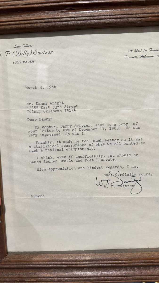 TouchdownOkla's tweet photo. In December 1985, my dad wrote Barry Switzer about Oklahoma’s upcoming national championship game against Penn State. Weeks later, after OU won the title, Barry quoted my dad’s statistics in the Orange Bowl locker room.

That letter began a friendship that has now lasted 40 years.

I was 13 when Dad came excitedly into my room one evening.

“You have to come look at this!”

On the living room coffee table were two or three OU media guides and notebook paper covered in his handwriting.

This was years before Wikipedia and Sports Reference. Dad was doing the research by hand.

He wanted to compare Barry Switzer’s record through his first 153 games with Bud Wilkinson’s record through the same number. What he discovered excited him so much that he knew Coach Switzer had to hear about it.

Today, he could post the statistics on X and tag @BarrySwitzer and @OU_Football 

In 1985, you wrote a letter.

So Dad took his research to the office, typed it up and mailed it to the University of Oklahoma, care of Coach Barry Switzer.

The original letter is included here for you to read. Dad, always the creative force, presented it in a way only he could: a two-page, 614-word letter filled with statistics, historical parallels and even a Sooner-themed poem.

He REALLY wanted Barry’s attention.

He mailed it 21 days before the Orange Bowl, when Oklahoma would play for its sixth national championship.

Then we waited.

Three weeks passed. We had no idea whether Coach Switzer, or anyone at OU, had seen it.

Oklahoma beat Penn State, 25-10, and won the national championship.

The next day, we were watching the Oklahoma Playback show when it cut to the celebration inside the Orange Bowl locker room.

Coach Switzer quieted the room and began reciting Bud Wilkinson’s record through 154 games, comparing it with his own.

We couldn’t believe it.

“WE DID IT!”

The letter had reached the King himself.

That was victory enough for Dad. We celebrated again, as if Oklahoma had just won a second national championship.

Three months later, Dad came barreling into my room again. Think of the father in “A Christmas Story” learning he had won a major award. That is the only comparison I can make.

Barry had written back.

Dad read the letter aloud, beaming. He now had Barry’s autograph, which, for you kids, used to mean more than a selfie. The envelope also contained letters from Barry’s uncle Billy and OU Sports Information Director Mike Treps.

Dad was 34 years old, and he was overjoyed.

But the story wasn’t finished.

Seven months later, through his business, Dad attended an event and was seated at Barry Switzer’s table. That was their first meeting.

That night, I received a telephone call.

It wasn’t from my dad.

It was Barry Switzer.

The date was October 5, 1986, Barry’s 49th birthday and one day after my 14th. Barry told me it was his birthday, then wished me a happy birthday.

A few years later, Dad moved to Norman. His business led to a partnership with Heisman Trophy winner Steve Owens, and that first letter grew into a friendship with Barry that continues today.

But my dad is not the same man he was then.

In 2020, he was diagnosed with Primary Progressive Aphasia, an aggressive form of dementia that attacks language and speech.

Today, my 75-year-old dad is completely nonverbal. He is battling several other serious health problems, bravely fighting for his life and still cheering for his Sooners.

He has attended every OU-Texas game since 1990.

This week, he’ll have to watch from his bed in Norman.

I’ll be there, Dad.

And I’ll do my best to bring you home one more Red River victory.

Happy birthday, Coach Switzer.

Thank you for reading a letter from my dad 40 years ago.