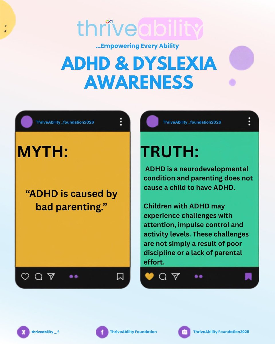 thriveability_f's tweet photo. Understanding ADHD starts with replacing blame with compassion and supporting children through activities that build attention skills.

#MythBusterMonday #ADHDAwareness #DisabilityAwareness 
#EndTheStigma 
#InclusiveParenting https://t.co/kSd6zY944b