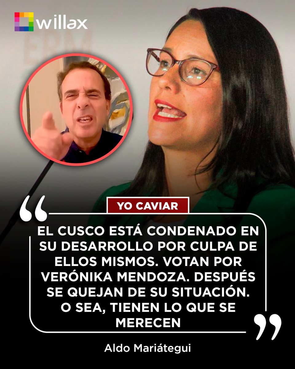 willaxtv's tweet photo. Aldo Mariátegui: "El Cusco está condenado en su desarrollo por culpa de ellos mismos. Votan por Verónika Mendoza. Después se quejan de su situación. O sea, tienen lo que se merecen".

#YoCaviar #AldoMariátegui #Cusco #VerónikaMendoza https://t.co/Ggscqu682s