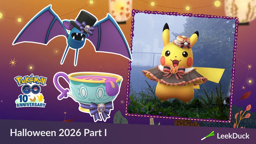 LeekDuck's tweet photo. This Halloween, new costumed Pokémon make a chilling debut, including Pikachu wearing a hat and capelet, Zubat wearing a top hat, and Sinistea wearing a bow. 

Tap spooky surprises on the map to earn candy and encounters.

Full Details: https://t.co/B8qgvNRhKa https://t.co/4rcNOsI6Sa