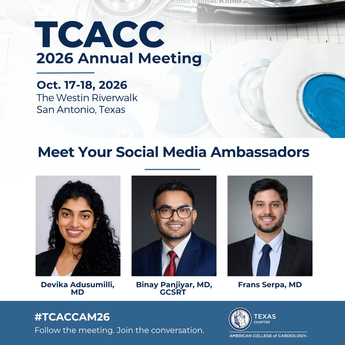 txchapteracc's tweet photo. Meet your TCACC Annual Meeting social media ambassadors: Devika Adusumilli, MD; Binay Panjiyar, MD, GCSRT; and Frans Serpa, MD.

Follow along Oct. 17–18 for highlights from San Antonio. Share your takeaways using #TCACCAM26.

https://t.co/C9AcZhcDpy https://t.co/VBe8Ey25Bf