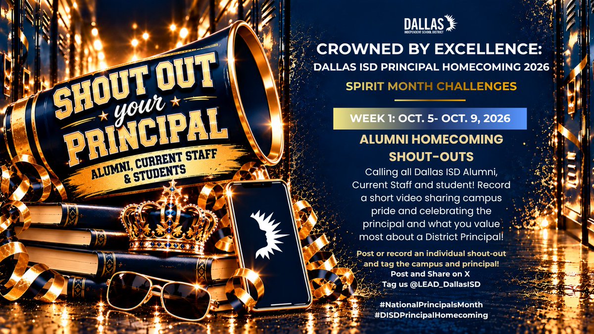 LEAD_DallasISD's tweet photo. It’s National Principals Month! We’re kicking off Week 1: Alumni Homecoming Shout-Outs! Calling all Dallas ISD alumni, staff, students, families &amp; community—shout out your principal! #NationalPrincipalsMonth #DISDPrincipalHomecoming https://t.co/cQy0fOey2M @dallasschools https://t.co/aLgc5cgNFl