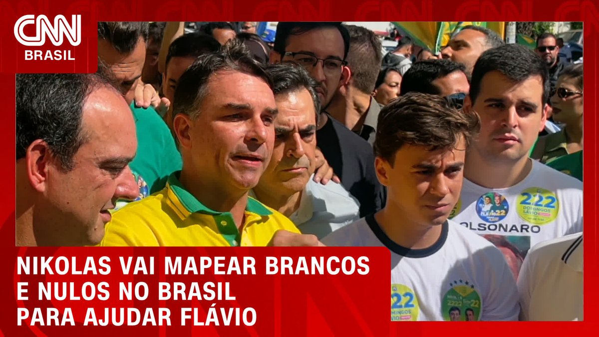 A CNN Brasil broadcast shows Flavio Bolsonaro in a yellow and green shirt surrounded by a crowd of supporters wearing campaign t-shirts, with the caption reading "NIKOLAS VAI MAPEAR BRANCOS E NULOS NO BRASIL PARA AJUDAR FLÁVIO." The image relates to the post by depicting Flavio at what appears to be a political rally, with the headline suggesting Nikolas Ferreira's involvement in a campaign effort to map voting patterns to support Flavio.