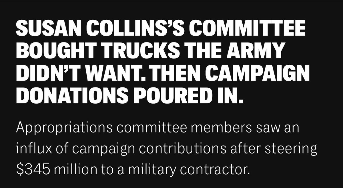 TheMaineWonk's tweet photo. ‼️ Another day, another Susan Collins Corruption Scandal. 

Army called more JLTVs “excess.” Congress bought $345 MILLION anyway. Then AM General &amp; parent company employees sent Susan Collins $58K.

$50K of it right after the bill passed. First checks from them in over a decade. https://t.co/sVIbDWlfKH