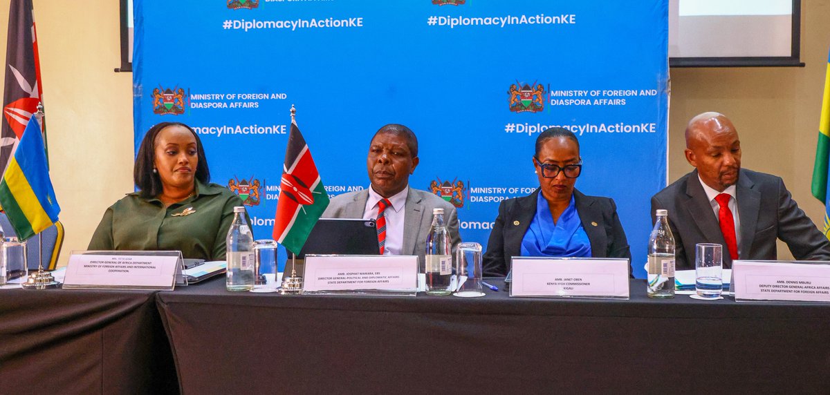 ForeignOfficeKE's tweet photo. The Kenya–Rwanda 10th Joint Permanent Commission for Cooperation (JPCC)  has commenced in Nairobi, focusing on implementation of bilateral agreements and advancing cooperation in trade, investment, connectivity and energy.  https://t.co/e7s5JSSVRb https://t.co/QHCLQxxv9v