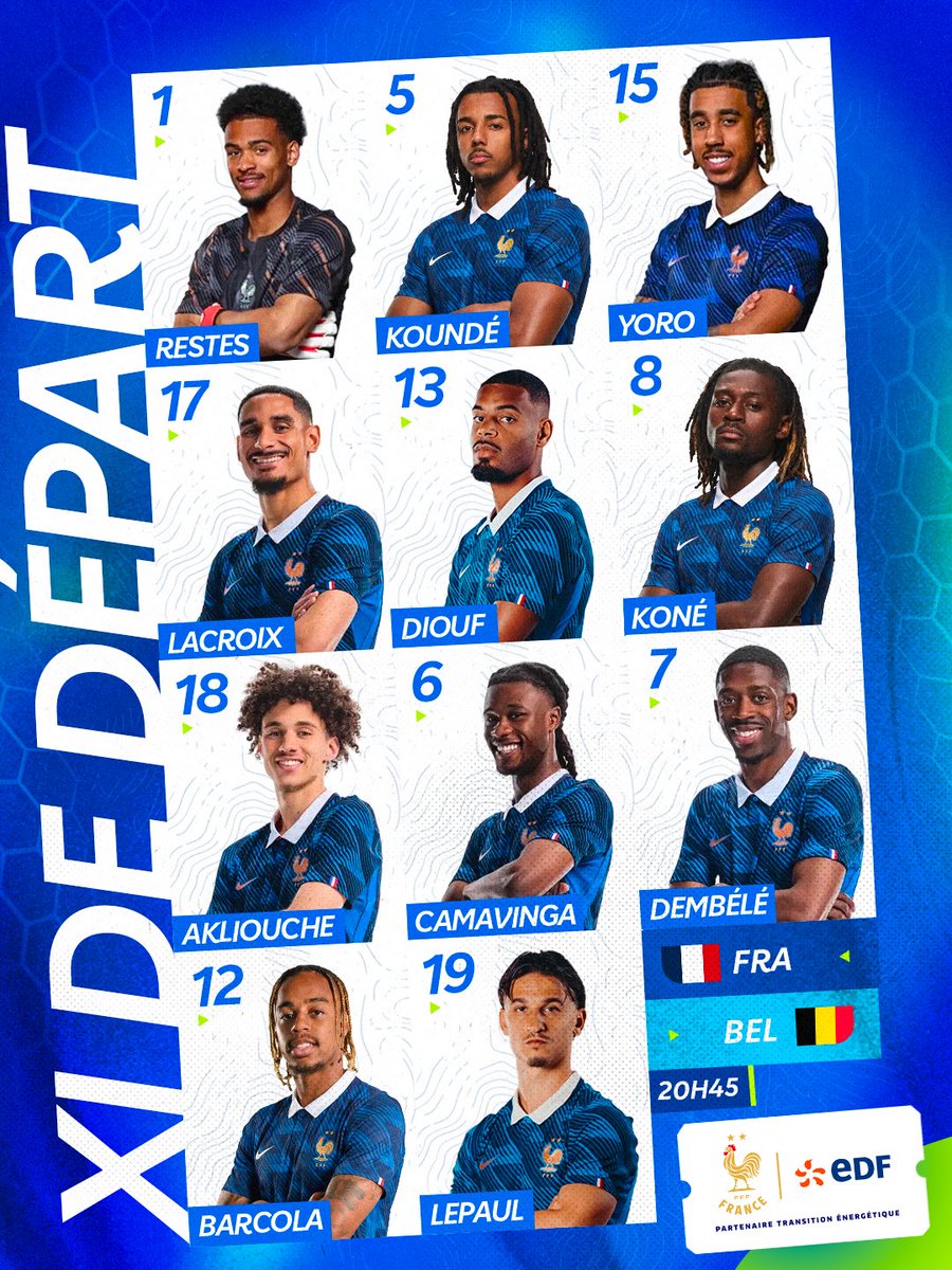 EDF_Foot's tweet photo. 𝗟𝗔 𝗖𝗢𝗠𝗣𝗢 📋

Prêts pour le dernier match du rassemblement ⚔️ 

Voici les 1️⃣1️⃣ Bleus qui débutent face à la Belgique !

Allez les Bleus 🇫🇷

#EDFFoot https://t.co/81wyB8nK4x