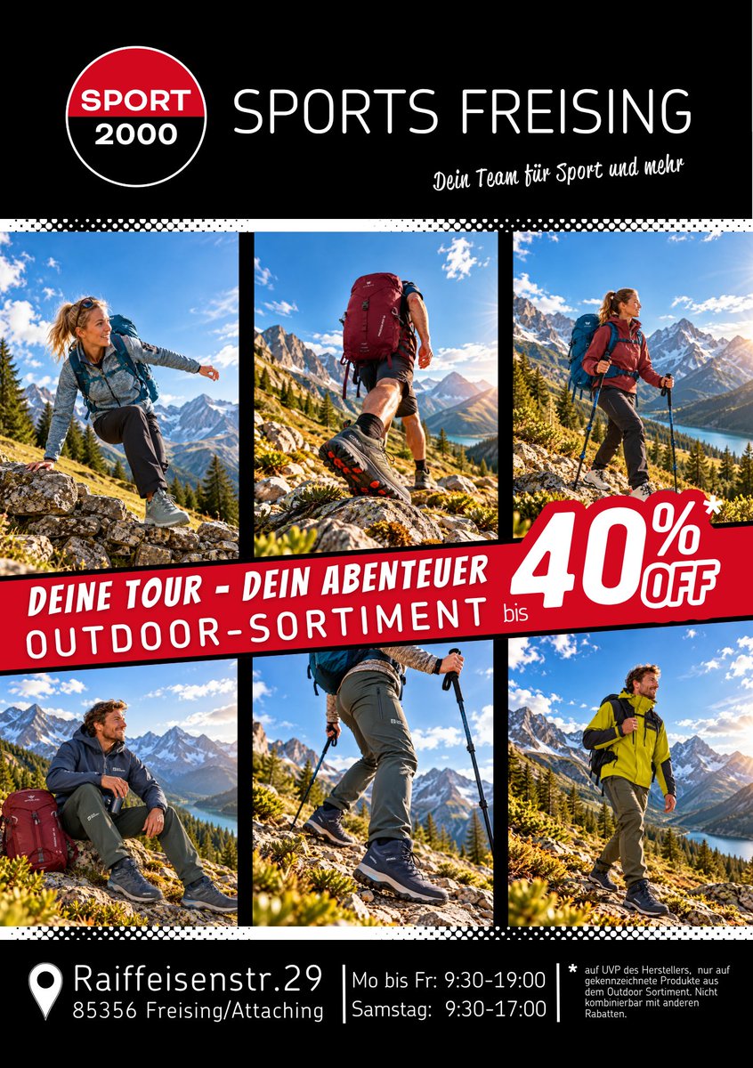 fs_guide's tweet photo. Deine Tour - Dein Abenteuer
Ob #Wanderung, #Bergtour oder Auszeit in der #Natur – mit der richtigen #Ausrüstung wird jeder Weg zum Erlebnis.
Entdecke jetzt unser Outdoor-Sortiment und sichere Dir bis zu 40 % auf ausgewählte Produkte. (werbung)
#sports_fs
#Freising / #Attaching https://t.co/iZY5UcD7LM