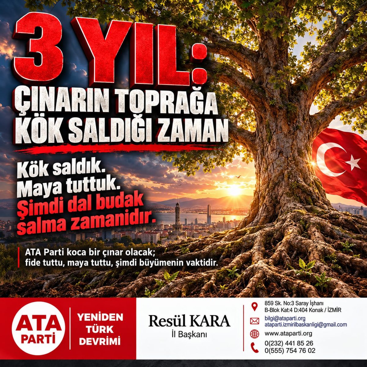 atapartiizmir's tweet photo. 3 YIL: ÇINARIN TOPRAĞA KÖK SALDIĞI ZAMAN

Üç yıl…

Bir fidenin toprağa düşüp kök salması, ayaza, fırtınaya, kavurucu sıcağa karşı dayanıp tutunması için geçen üç yıl…

ATA Parti artık yalnızca toprağa dikilmiş bir fide değildir.

Maya tuttu.
Kök tuttu.
Toprağa bağlandı.

Şimdi büyümenin, göğe yükselmenin, dal budak salmanın zamanıdır.

Üç yıldır nice ayaza, nice fırtınaya, nice kavurucu sıcağa karşı inatla, dirençle ve dayançla yol alan ATA Parti’nin, pek yakında güçlü bir çınar gibi dal budak salacağına; ardından meyveye duracağına inanıyorum.

“Çınarın meyvesi mi olur?”

Olur ya!

Hem de öyle bir meyvesi olur ki kimse yetip koparamaz, kimse yutup lokma edemez.

Çünkü o çınarın meyvesi ATACILAR’dır.

ATACILAR’ın kimseye lokma olmamasının nedeni de budur:
Onlar köksüz bir dalın yaprağı değil, toprağın derinine kök salmış büyük bir çınarın meyvesidir.

Kökümüz Türk budununun binlerce yıllık birikiminde, yolumuz Mustafa Kemal Atatürk’ün açtığı Türk Devrimi yolundadır.

Bugün kök salan bu çınarın yarın yurdun dört bir yanında dal budak salacağına; gölgesinin Türk budununa umut, gücünün Türkiye Cumhuriyeti’ne dayanak olacağına inanıyorum.

Bu düş, bu inanç ve bu ülküyle;

ATA Parti’mizin 3. kuruluş yıl dönümünü kutluyor,
kut almasını, güç bulmasını, büyümesini
ve gün gelip DEVLET OLMASINI diliyorum.

Kök saldık.
Maya tuttuk.
Şimdi dal budak salma zamanıdır.

Kutlu olsun ATA Parti’nin 3. yaşı!

Resül KARA
ATA Parti İzmir İl Başkanı