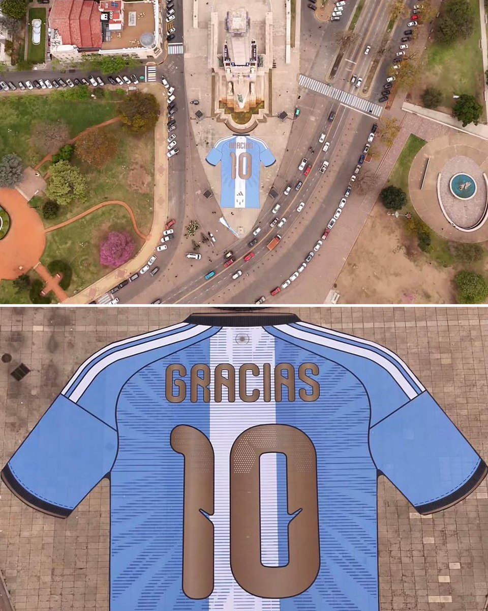 MenInBlazers's tweet photo. Rosario, Lionel Messi’s hometown in Argentina, unfurled a massive No. 10 kit in front of the National Flag Memorial ahead of his final game for the national team.

A larger-than-life honor for a larger-than-life player 🩵🤍

📸: IG/rosariolaciudad, claudio.drone https://t.co/0jef9slX09