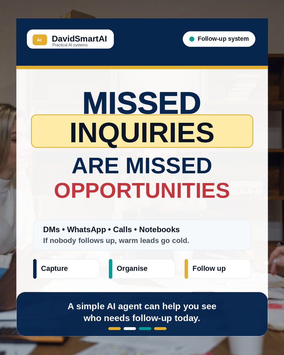 davidsmartai's tweet photo. Missed inquiries are missed opportunities.

Many small businesses do not have a traffic problem first.

They have a follow-up problem.

DMs, WhatsApp, calls and notebooks scatter the details.

A simple AI agent can organise leads and show who needs follow-up today.

#DavidSmartAI https://t.co/1PJHBn6j14