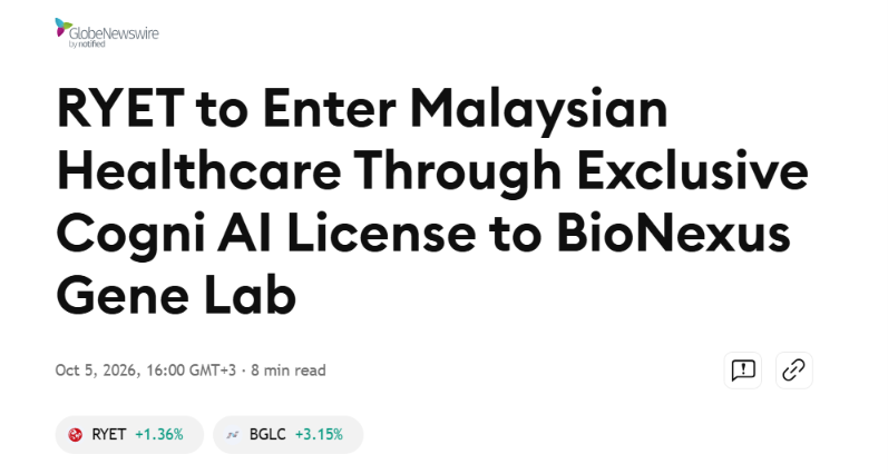kirby_mari5279's tweet photo. $RYET the Malaysia healthcare deal with BioNexus gives Cogni AI a new commercial path, with up to 20 years of exclusivity, 10% royalty economics and 560K BGLC shares at closing

New market. New vertical. More attention on the story. https://t.co/Uizvv3Ddgk