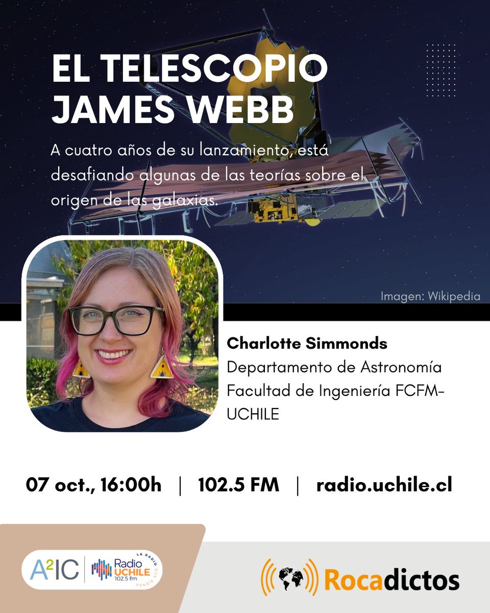 rocadictos's tweet photo. 🔴 MIÉRCOLES: Invitamos a la astrónoma Charlotte Simmonds (@AstroUchile) para que nos contextualice los hallazgos del telescopio James Webb a cuatro años de su lanzamiento al espacio. ¡Sintoniza #ROCADICTOS!

🗓️07/10
⏰16:00h
🎙️102.5 FM
➡️https://t.co/1cmplgluXn https://t.co/rGKr4A6I5v
