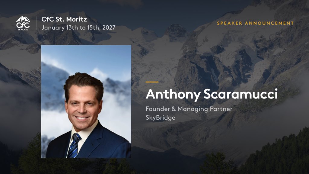 cfcstmoritz's tweet photo. @Scaramucci returns to CfC St. Moritz in January. Few people in digital assets have moved through as many different corners of the financial and political world, from Wall Street and alternative investments to the White House and the crypto industry.

That wealth of experience makes for a perspective we look forward to having back in the room.