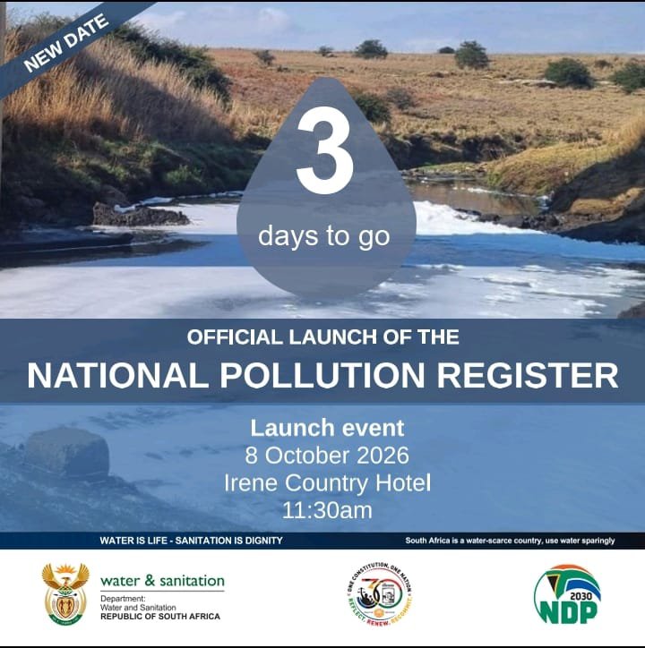 DWS_RSA's tweet photo. [3 DAYS TO GO] #NationalPolluterRegister| The Ministry of Water and Sanitation will officially launch the National Polluter Register on Thursday, 08 October 2026, as part of efforts to strengthen transparency, accountability and public access to information on water pollution. https://t.co/DU4TKofKvH