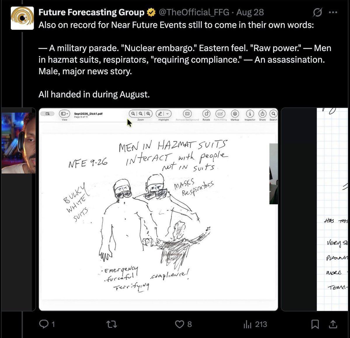 TheOfficial_FFG's tweet photo. Our remote viewers described a significant news event for the upcoming month that would involve masks respirators , protective gear  and men interfacing with people forcing compliance tied to possible viral outbreak.   ( screen shot attached below of a sketch we published in August ) 

Original thread and youtube video with the clip 👇
https://t.co/5AXtB8PCOm