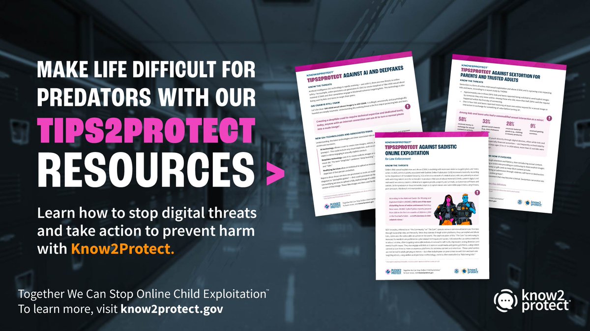 Know2Protect's tweet photo. This #CybersecurityAwarenessMonth, the National Cybersecurity Alliance (@staysafeonline) reminds us to “Make Life Difficult for Cybercriminals.”  

Know2Protect is sharing free resources to help communities recognize digital threats, start conversations and take action: https://t.co/HswA0UXY4O 

Explore Tips2Protect resources on AI and deepfakes, sadistic online exploitation and sextortion. Stay vigilant as harms evolve and help make it harder for offenders to take advantage of youth online. ✔️ #Know2Protect