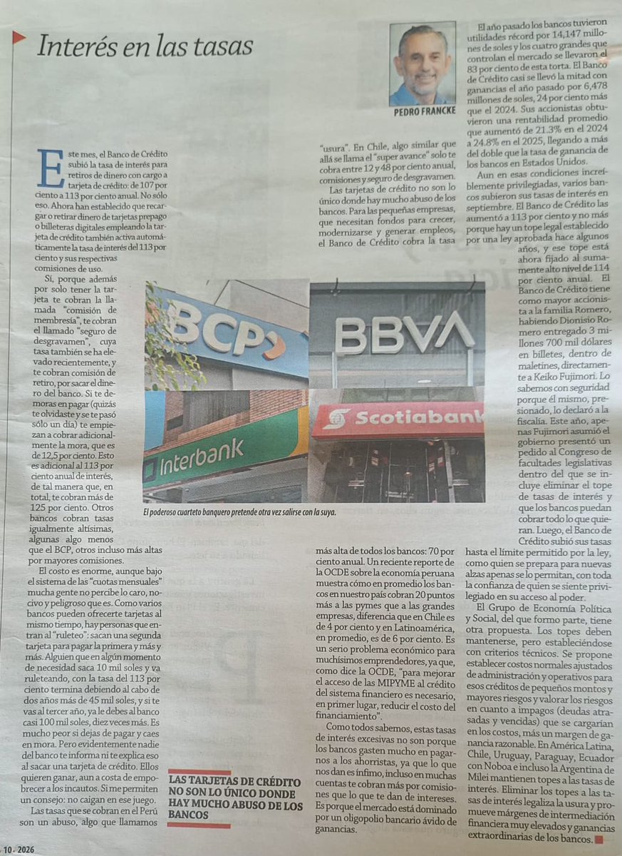 pedrofrancke's tweet photo. TASAS DE INTERÉS SIN LÍMITE
Este mes el Banco de Crédito subió la tasa de interés para retiros de dinero con cargo a tarjeta de crédito: subió de 107 por ciento a 113 por ciento anual. Este año, apenas Fujimori asumió el gobierno presentó un pedido al congreso de facultades legislativas dentro del que se incluye eliminar el tope de tasas de interés y que los bancos puedan cobrar todo lo que quieran. LEAN MI ÚLTIMO ARTÍCULO ACÁ - https://t.co/ifDBhulYpw