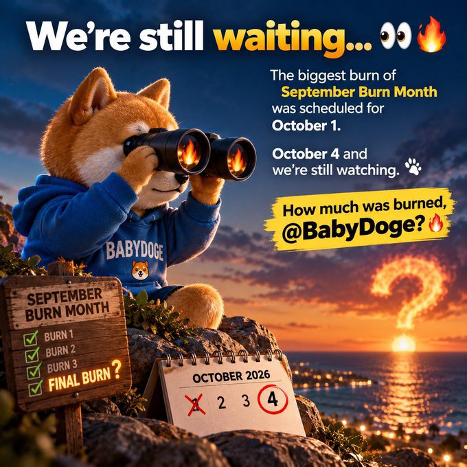 KorexLabs's tweet photo. We’re still waiting… 👀🔥
The biggest burn of September Burn Month was scheduled for October 1.
October 4 and we’re still watching. 🐾
How much was burned, 
@BabyDoge? 👀

#Crypto #BABYDOGE https://t.co/aozhfZ6OE1