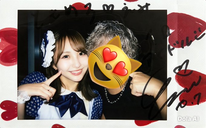 A signed polaroid photo shows a smiling young woman in a blue and white maid outfit pointing to her cheek, posing next to another person whose face is covered by a heart-eyes cat emoji sticker.