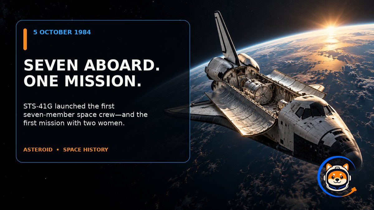 asteroid_xrpl's tweet photo. On 5 October 1984, STS-41G launched the first seven-member space crew—and the first mission to include two women.

Space made room for more.

#SpaceHistory #STS41G #Xrpl #AsteroidXRPL $XRP https://t.co/dT4uxDzo74