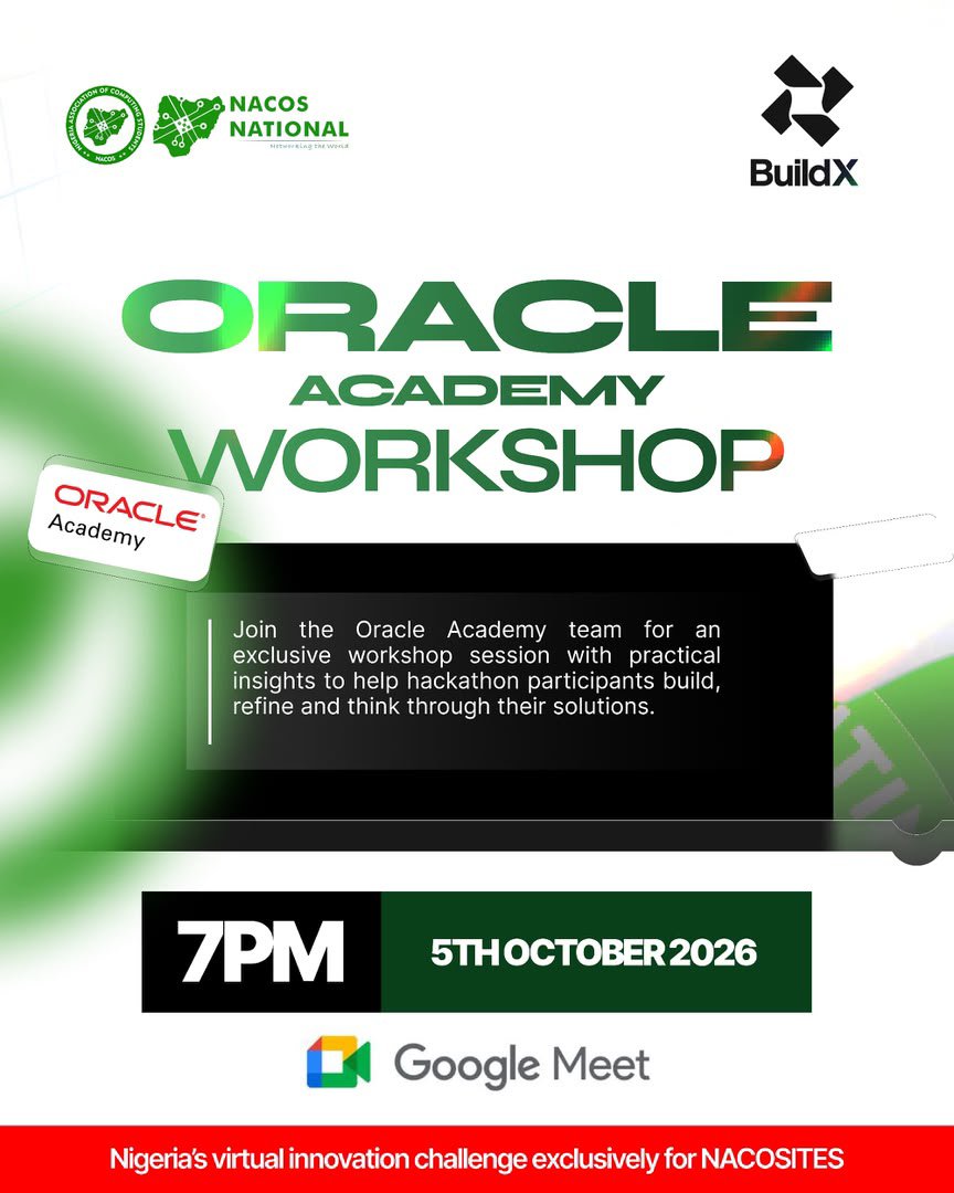 nacosnational's tweet photo. 🚨 BuildX Workshop Tonight!
Refine your solution for Nigeria’s Virtual Innovation Challenge with the @OracleAcademy team.

🗓 Mon, Oct 5 | 7:00 PM (WAT)
📍 Google Meet: https://t.co/nbyemBsvCx

#BuildX #OracleAcademy #NACOS https://t.co/7mH2mFWwQs
