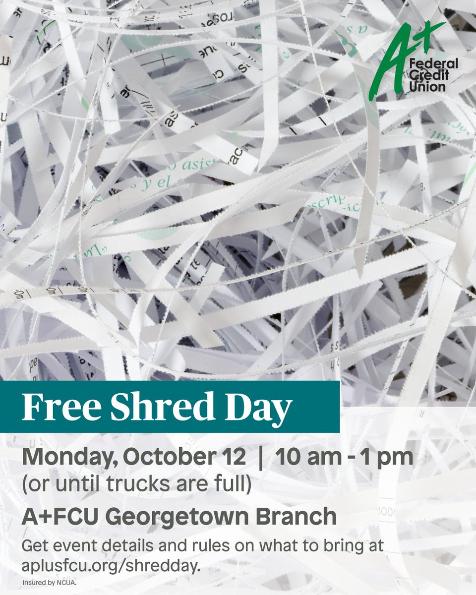 aplusfcu's tweet photo. We're serving our community this A+ Gives Day and that includes YOU! Team A+ will be at our Georgetown Branch on Monday, October 12, from 10 am to 1 pm to help you shred your old documents for FREE. 💚

Visit https://t.co/DVC4DfZ2kM for important guidelines and restrictions. https://t.co/eAXW5fVPqe