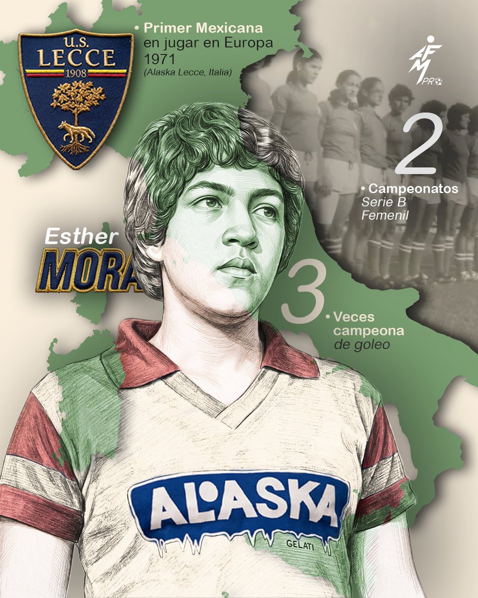 AMFproMX's tweet photo. Antes de Rebeca Bernal en Europa, estuvo Esther Mora.

A los 17 años llegó al Alaska Lecce en Italia fue 4 veces campeona de goleo y 3 veces mejor extranjera.

Fue la primera mujer en anotar en el Estadio Azteca y mundialista del 71.

#UnidosSomosMásFuertes https://t.co/9kq4a94Px8