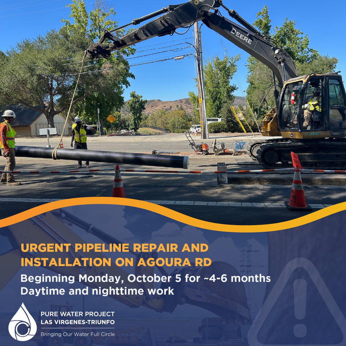 ourpureh2o's tweet photo. 🚧 Reminder: Construction has begun on Agoura Rd between Lindero Canyon Rd and Lakeview Canyon Rd.

Expect day and night work with traffic impacts and delays over the next 4–6 months. Please plan ahead and allow extra travel time.

🔗https://t.co/SkbnldfZxm https://t.co/ZtA78LLBoX