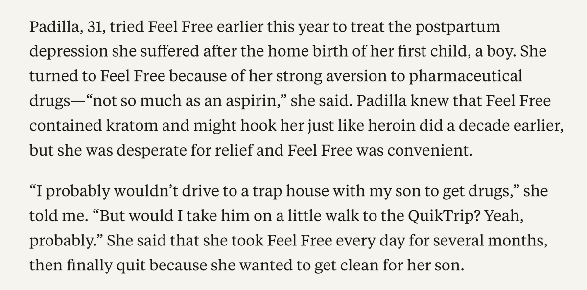 writes__code's tweet photo. It’s easy to start drinking Feel Free, a kratom-infused beverage sold as a ‘social tonic’ in over 30,000 stores. But it can be hard to stop. Withdrawal from Feel Free is "absolutely comparable" to getting off heroin, according to one woman who used both. https://t.co/TeVWunhNuW