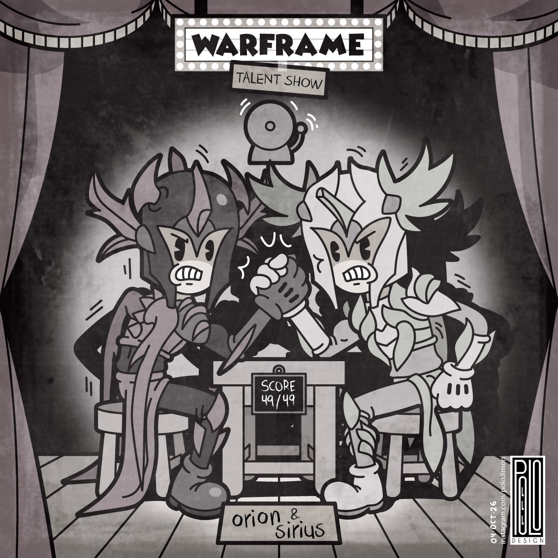 polo_limon_'s tweet photo. Tennotober 2026!
Day 4, Constellations

Warframe, but make it a 1930s Fleischer cartoon.

They cross scythes offstage, but on stage, Sirius &amp; Orion locked in an arm wrestle battle to decide the Stalker's fav kid.

#warframe #rubberhose #tennotober #playwarframe #warframefanart https://t.co/th2RvaV9FK