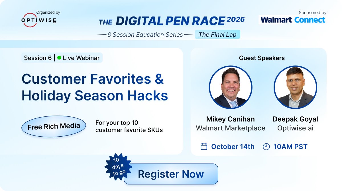 Optiwiseai's tweet photo. 🎁 Get Ready for Peak Season!

Join the final Digital Pen Race 2026 with Mikey Canihan &amp; Deepak Goyal for Holiday Season Hacks &amp; top SKU strategies.

🗓️  October 14, 2026 | 10 AM PST

👉 Register Now: https://t.co/UoC7nrteCM

#DigitalPenRace https://t.co/BeUM8Z4mlf