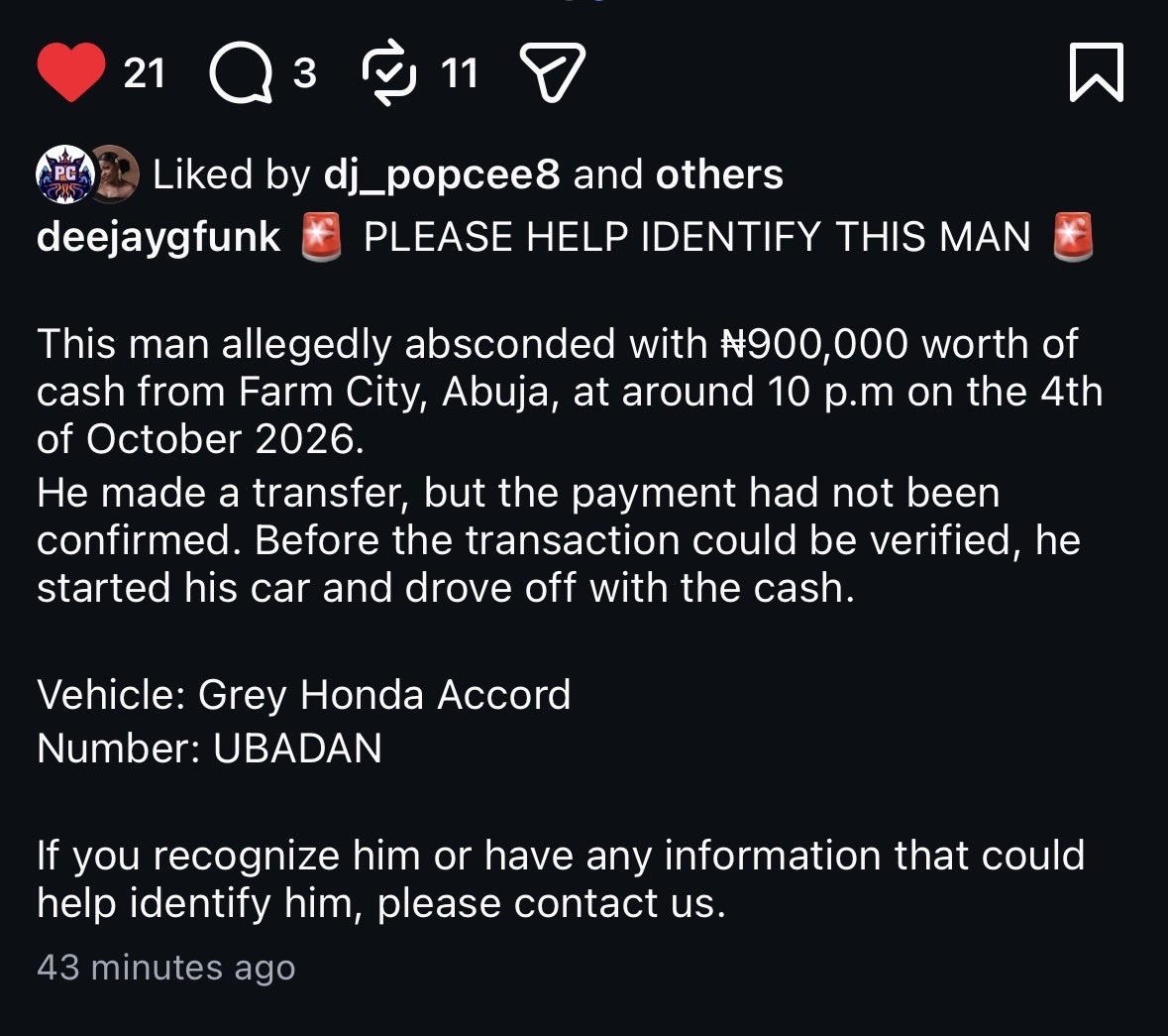 abujastreets's tweet photo. Farm City is looking for this guy. They said he allegedly absconded with 900K of cash. 

@FCT_PoliceNG @PoliceNG @jossyadeh https://t.co/k3mRtqwFnd